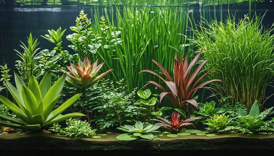 Variety of climate-resilient aquatic plants in a thriving pond ecosystem