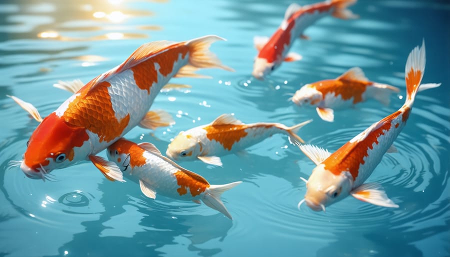 Assortment of beautiful koi fish in a pond environment