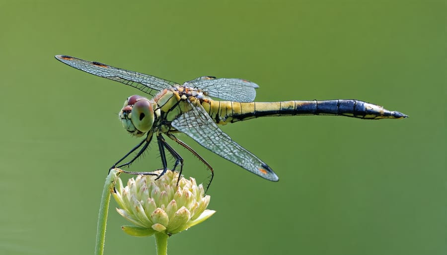 Dragonfly resting on aquatic vegetation, symbolizing beneficial insects in biodiverse ponds