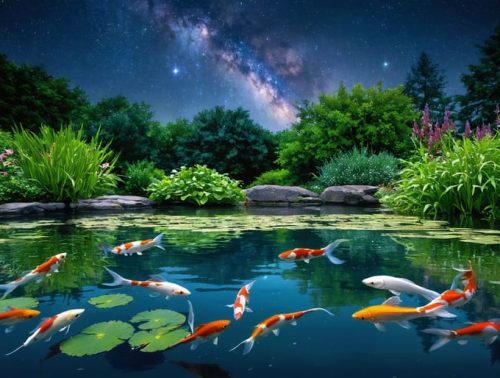 A beautifully balanced backyard pond ecosystem at twilight, with lush aquatic plants and colorful fish beneath a starry sky reflection.