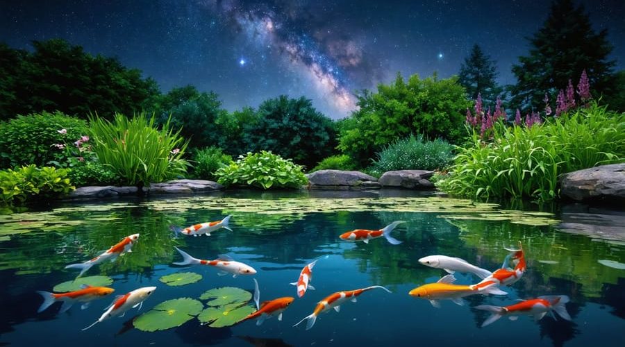 A beautifully balanced backyard pond ecosystem at twilight, with lush aquatic plants and colorful fish beneath a starry sky reflection.