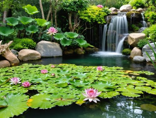 A beautiful natural pond with blooming water lilies, surrounded by rocks and lush aquatic plants, featuring a small waterfall and driftwood accents.