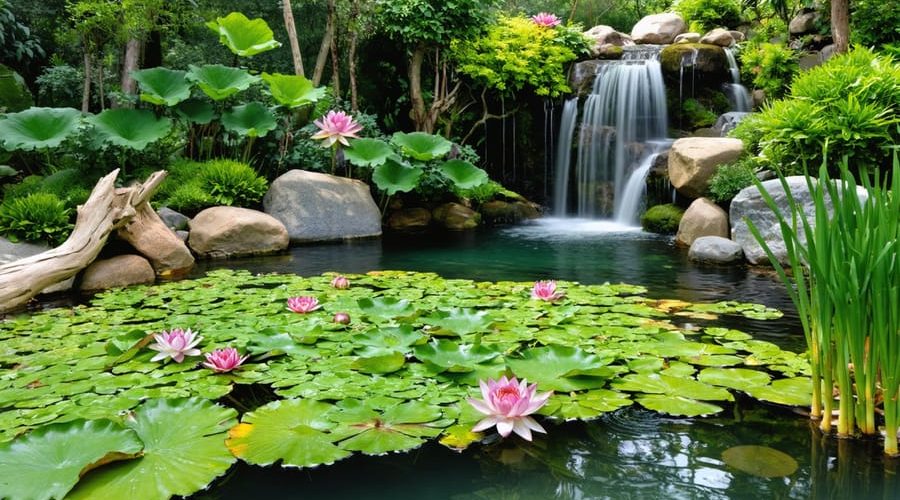 A beautiful natural pond with blooming water lilies, surrounded by rocks and lush aquatic plants, featuring a small waterfall and driftwood accents.