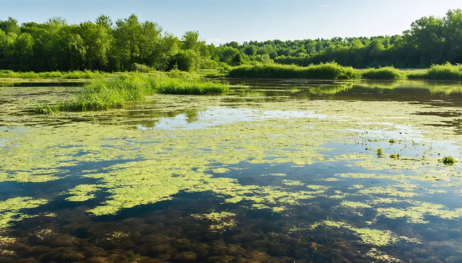 Freshwater pond suffering from algal bloom caused by eutrophication