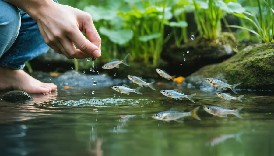 Demonstration of proper feeding techniques for pond minnows