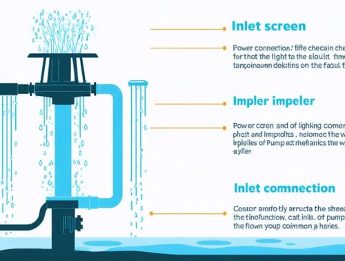 Conceptual illustration of a fountain pump, highlighting the power connection, impeller, and inlet components. Visual callouts show the process of checking and fixing common issues to restore the pump's functionality.