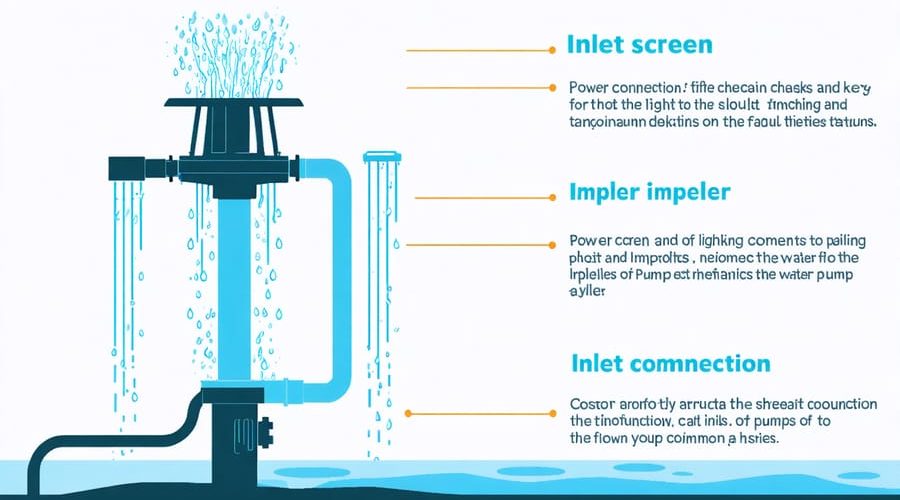 Conceptual illustration of a fountain pump, highlighting the power connection, impeller, and inlet components. Visual callouts show the process of checking and fixing common issues to restore the pump's functionality.