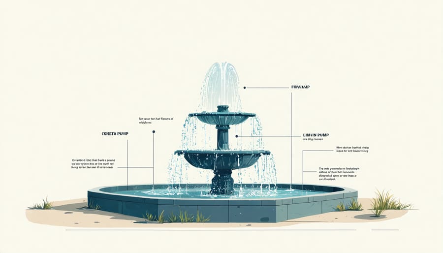 Diagram of a fountain pump showing the impeller, housing, inlet, and outlet