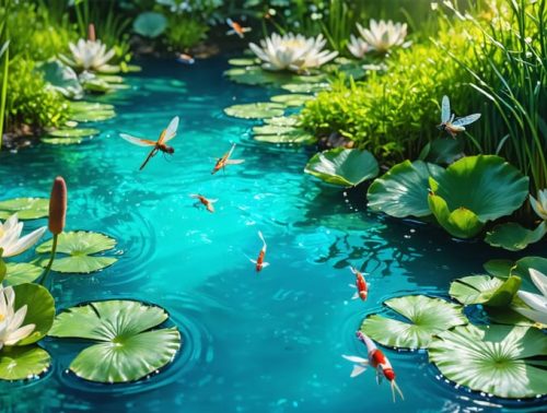 A vibrant freshwater pond showcasing thriving aquatic plants, clear water, and a variety of fish and insects, illustrating a rich and balanced ecosystem.