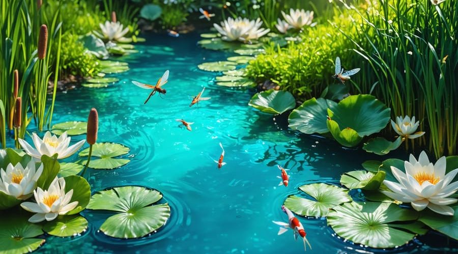 A vibrant freshwater pond showcasing thriving aquatic plants, clear water, and a variety of fish and insects, illustrating a rich and balanced ecosystem.