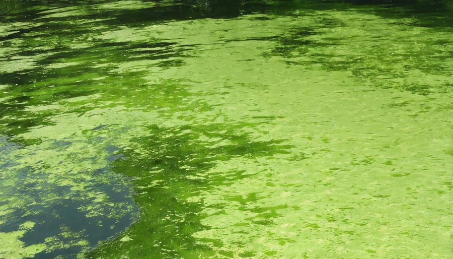 Pond with green water algae bloom, reducing water clarity