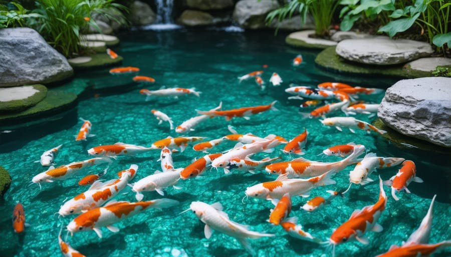 A thriving koi pond ecosystem showcasing healthy water, koi, and plants