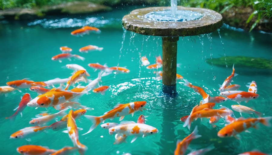 Crystal clear pond water with fish thriving thanks to an aeration system