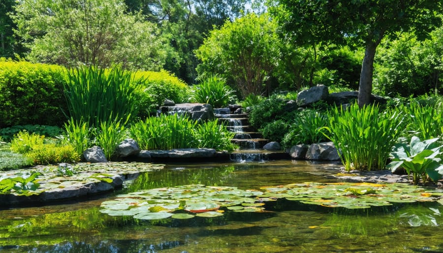 A well-maintained smart pond ecosystem with lush aquatic plants