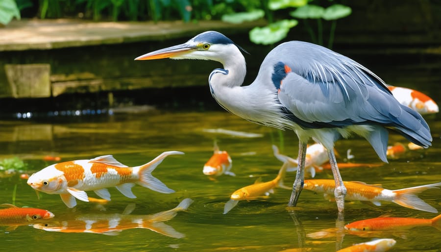 Great blue heron stalking koi fish in a backyard pond