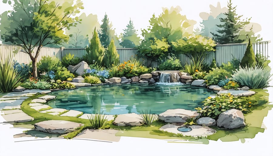 Conceptual depiction of a well-placed wildlife pond in a backyard