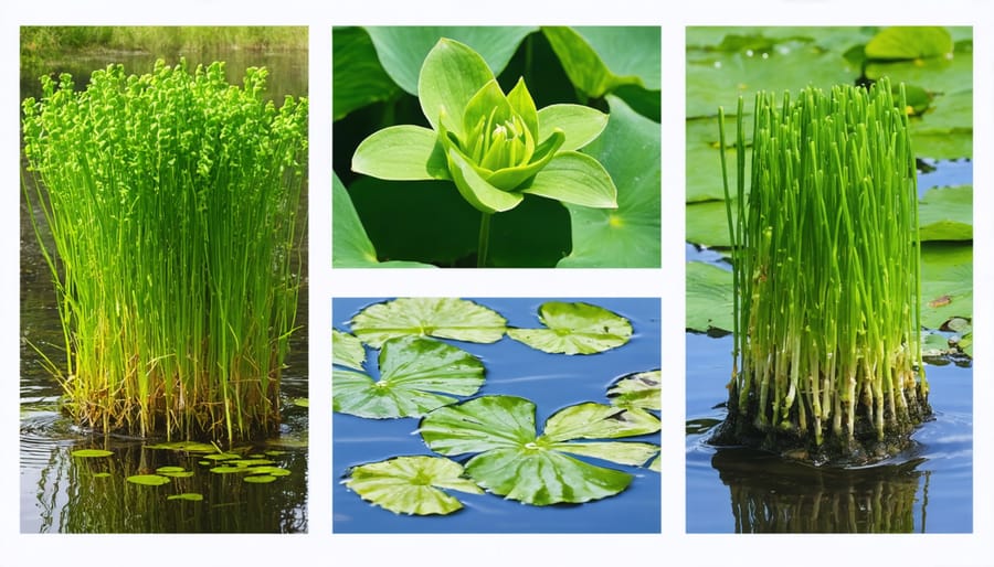 Montage showing various invasive aquatic plant species that can infest water gardens