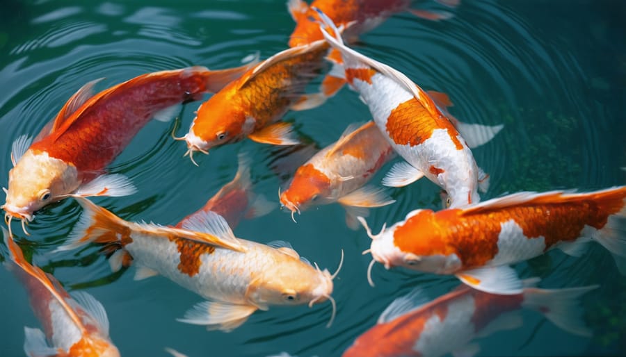 Vibrant koi fish in a natural water garden environment