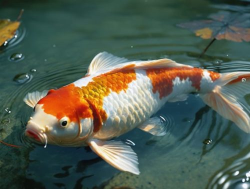 A koi fish looking somewhat distressed as it navigates a slightly murky pond, symbolizing the hidden dangers in water environments.