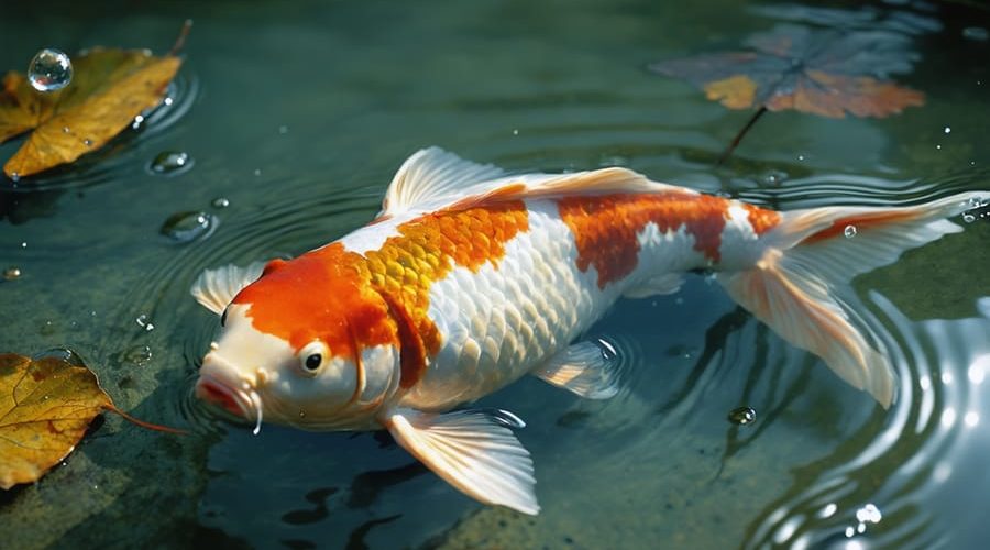 A koi fish looking somewhat distressed as it navigates a slightly murky pond, symbolizing the hidden dangers in water environments.