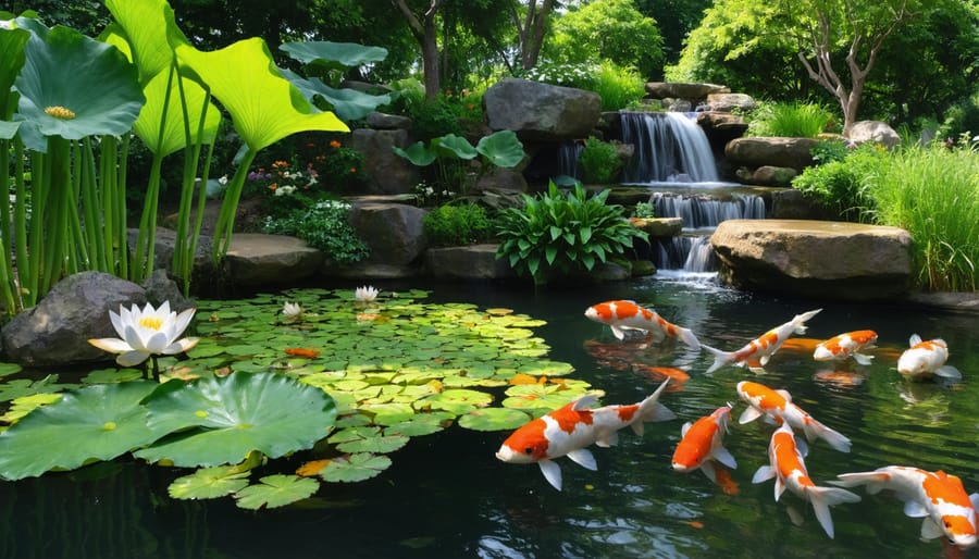 A well-planted koi pond featuring a variety of aquatic plant species