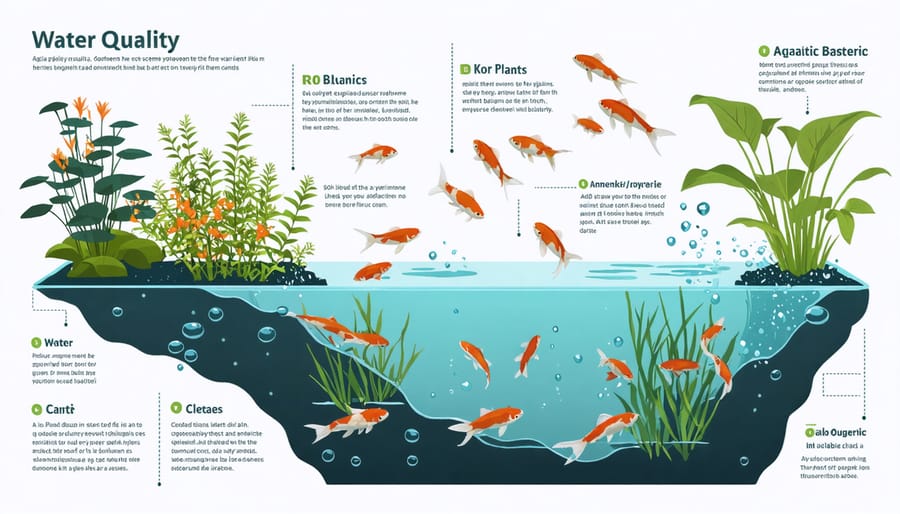 Infographic illustrating the essential elements of a koi pond ecosystem: water quality, koi fish, aquatic plants, and beneficial bacteria