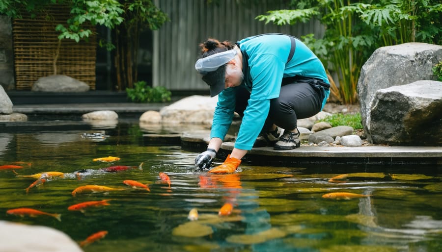 Demonstration of essential koi pond maintenance tasks, including water quality checks, filter cleaning, and plant care