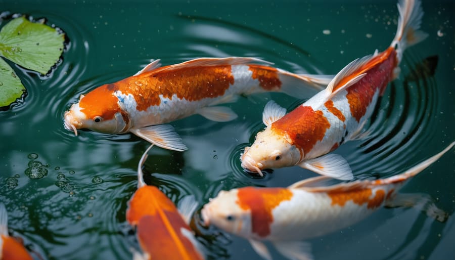 Vibrant koi fish and water lilies thriving in a well-maintained pond habitat