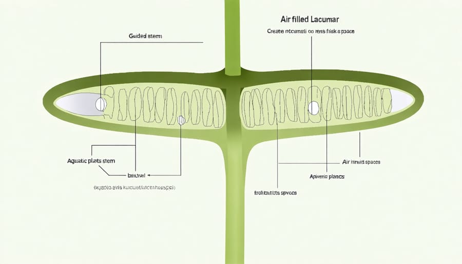 Diagram illustrating lacunar air spaces in aquatic plant stems for oxygen transport