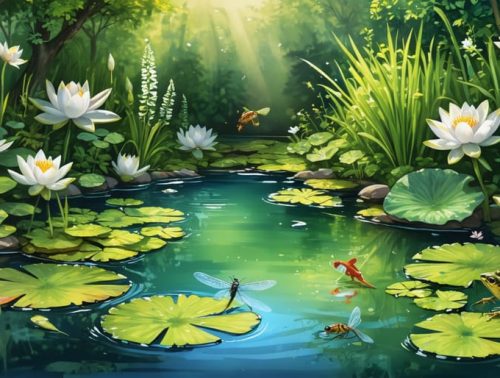 A picturesque backyard pond teeming with diverse aquatic plants like water lilies and pickerelweed, surrounded by wildlife such as dragonflies and frogs, in a vibrant and lush ecosystem.