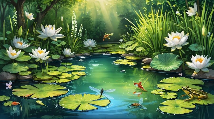 A picturesque backyard pond teeming with diverse aquatic plants like water lilies and pickerelweed, surrounded by wildlife such as dragonflies and frogs, in a vibrant and lush ecosystem.