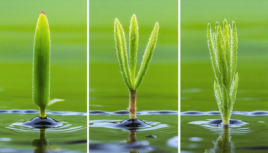 Sequential images showing the process of manually removing an invasive plant species from a water garden