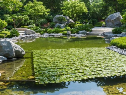 A beautifully designed evaporation pond in a serene water garden, surrounded by lush plants and incorporating advanced wave-suppressing features.