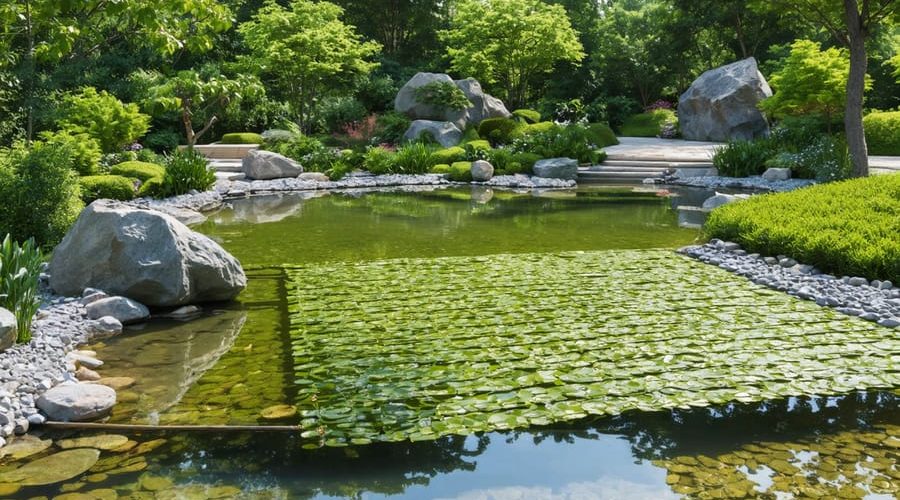 A beautifully designed evaporation pond in a serene water garden, surrounded by lush plants and incorporating advanced wave-suppressing features.