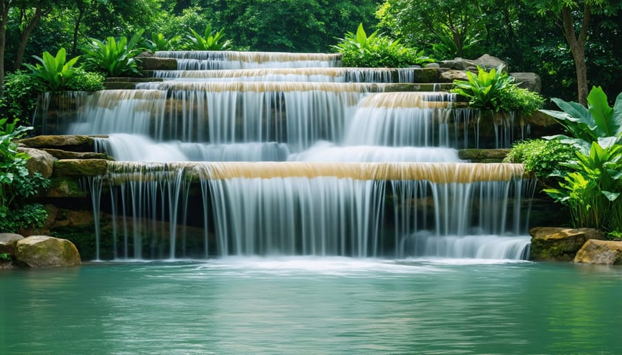 Impressive multi-level waterfall flowing into a backyard pond