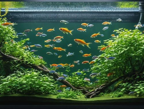 A beautifully designed aquarium displaying a balanced ecosystem with lush aquatic plants, clear water, and colorful fish, symbolizing the harmony of a natural, self-sustaining water cycling environment.