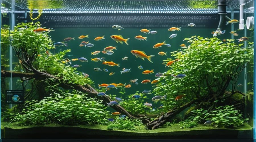 A beautifully designed aquarium displaying a balanced ecosystem with lush aquatic plants, clear water, and colorful fish, symbolizing the harmony of a natural, self-sustaining water cycling environment.