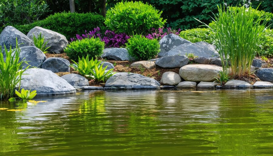 Natural pond featuring rock borders and diverse aquatic vegetation