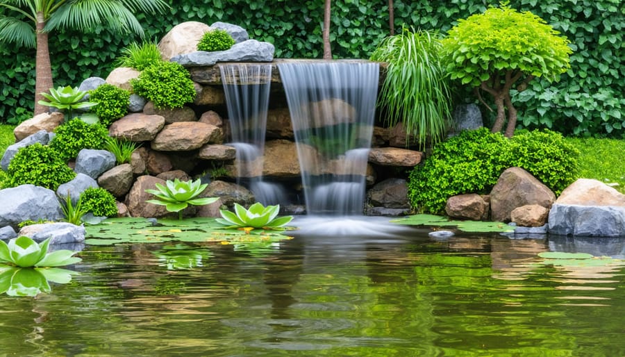 An attractive backyard pond with waterfall, plants, and stone borders