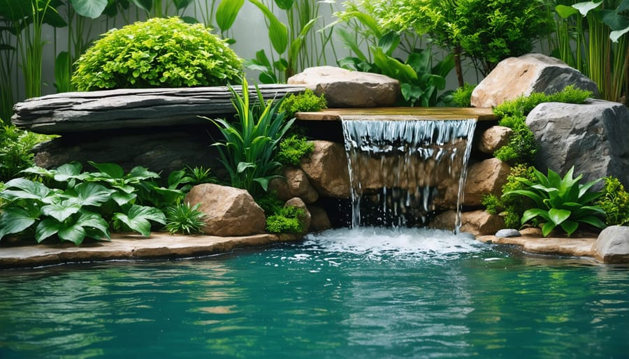 Serene natural water garden featuring aquatic plants and a waterfall