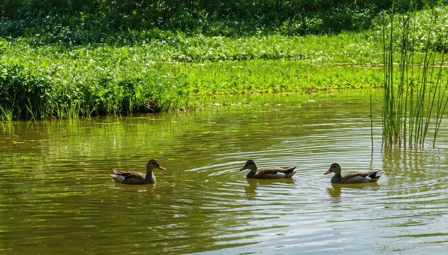 Tranquil pond habitat with waterfowl and lush plant life