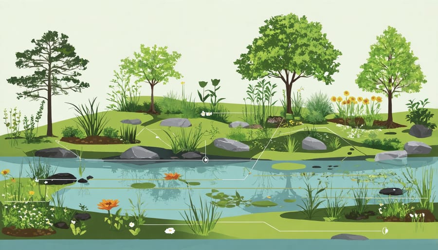 Conceptual diagram of a permaculture pond ecosystem with zones, plants, and wildlife