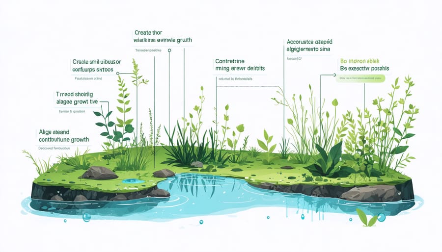 Conceptual diagram of a pond ecosystem highlighting nutrient imbalance, sunlight, and stagnation as causes of algae overgrowth