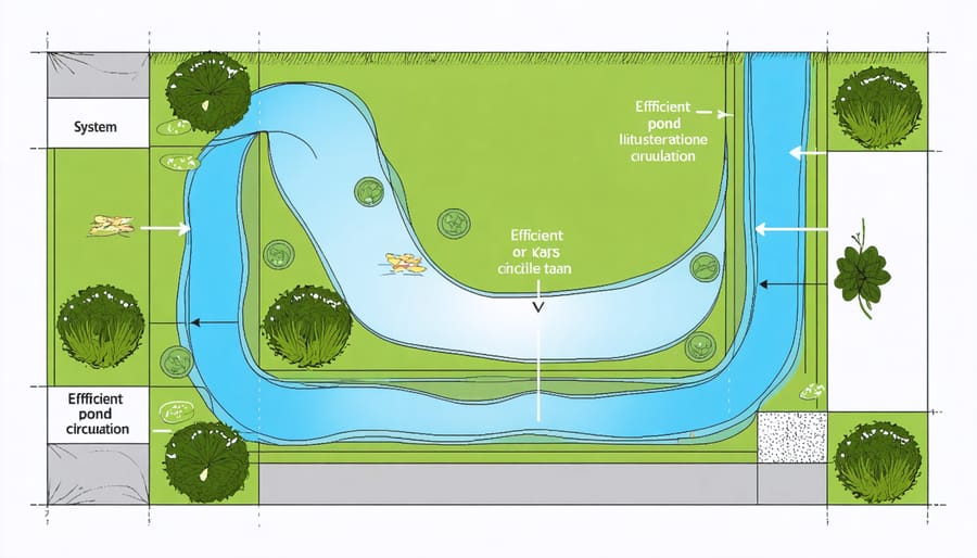 Illustration showing proper placement of water inlets and outlets for optimal pond circulation