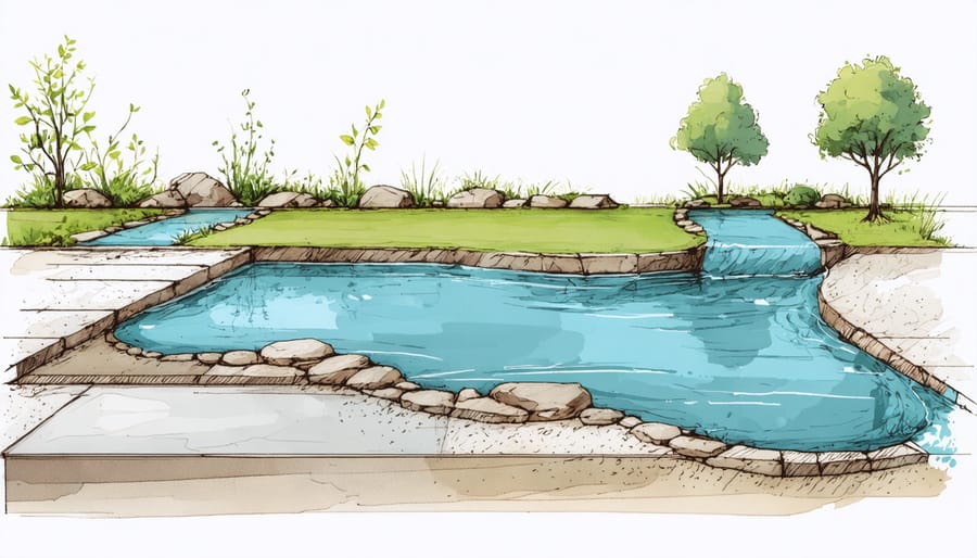 Diagram illustrating the stages of wildlife pond construction, including excavation, lining, and filling