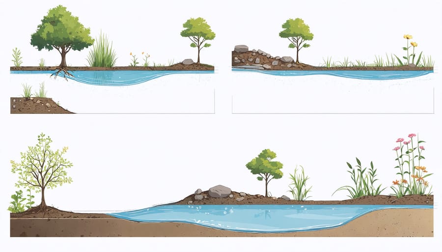 Diagram showing the key steps in constructing a backyard pond, including excavation, lining, and filling