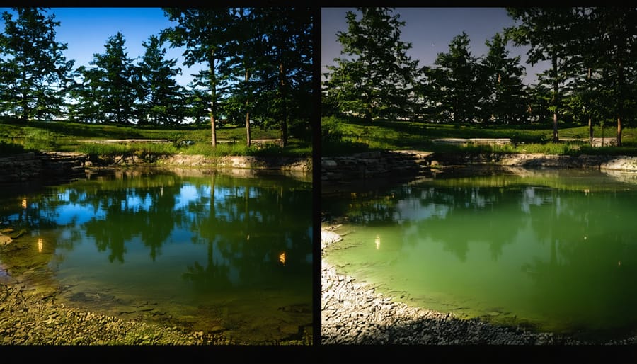 Day and night comparison of a pond transformed by underwater lighting