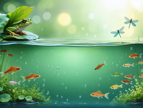 Conceptual illustration of a pond ecosystem showing a frog on a lily pad above water, with fish and plankton thriving below the surface.