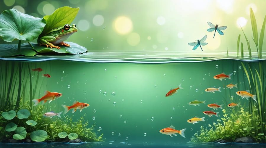 Conceptual illustration of a pond ecosystem showing a frog on a lily pad above water, with fish and plankton thriving below the surface.