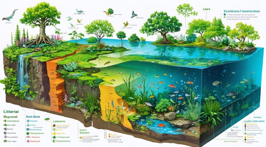 Cross-sectional illustration of a vibrant pond ecosystem featuring littoral, limnetic, profundal, benthic zones, and a well-designed shoreline with various aquatic life and plants.